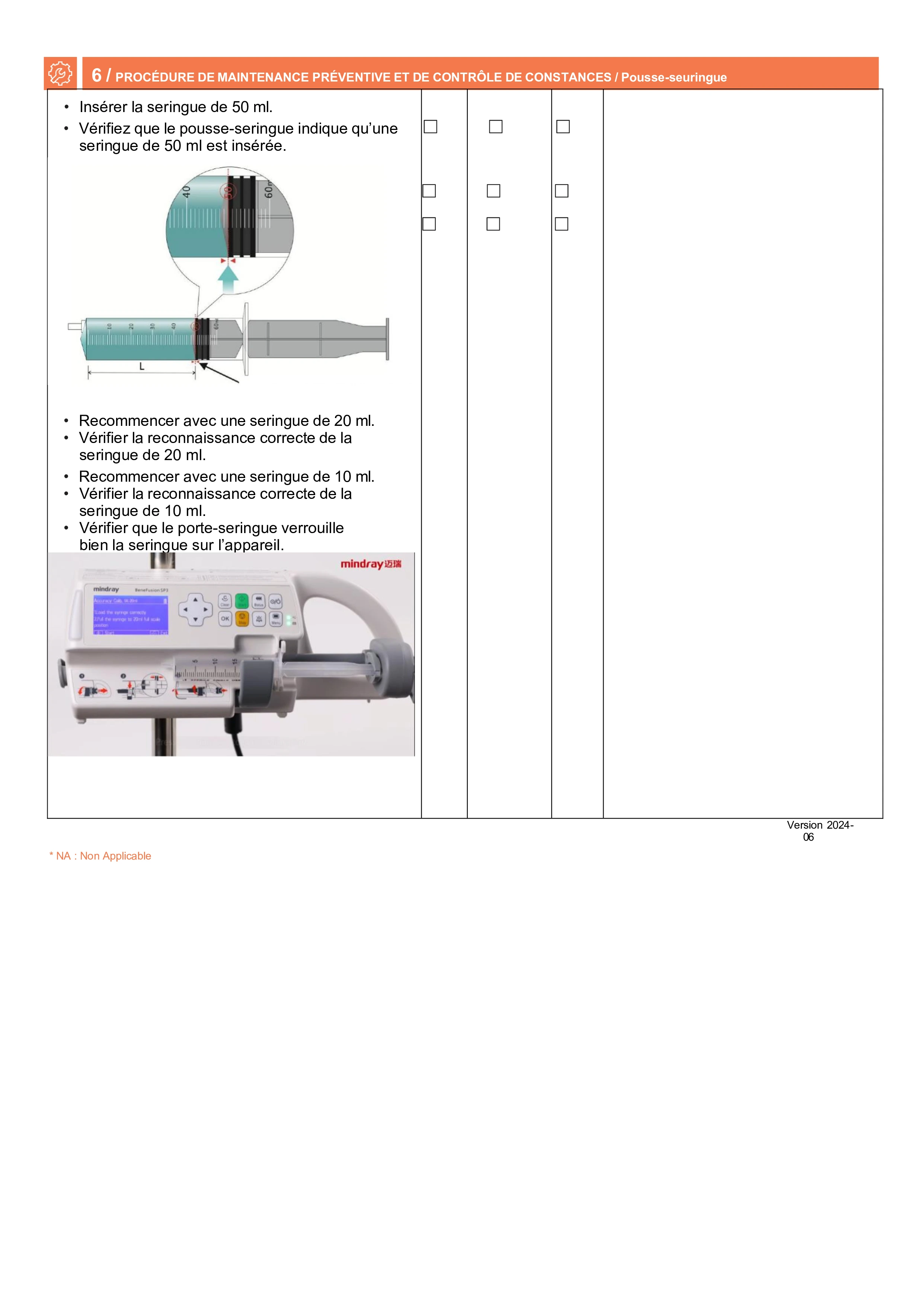 Procédure de test de l'alarme d'occlusion avec points de vérification.