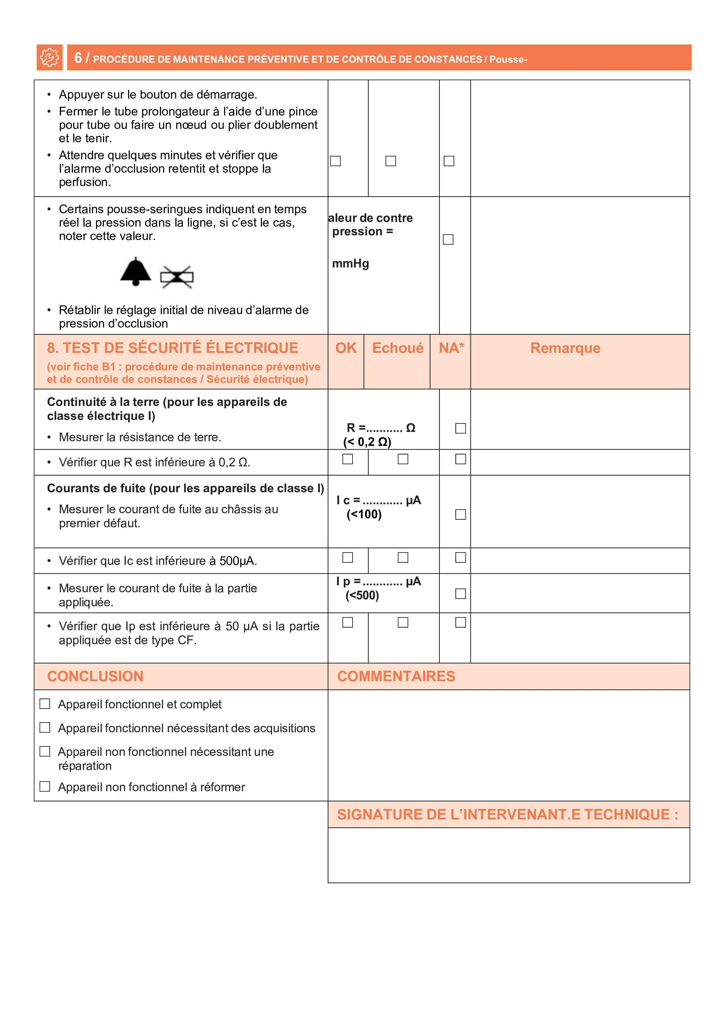 Formulaire de suivi de maintenance préventive à remplir après intervention.