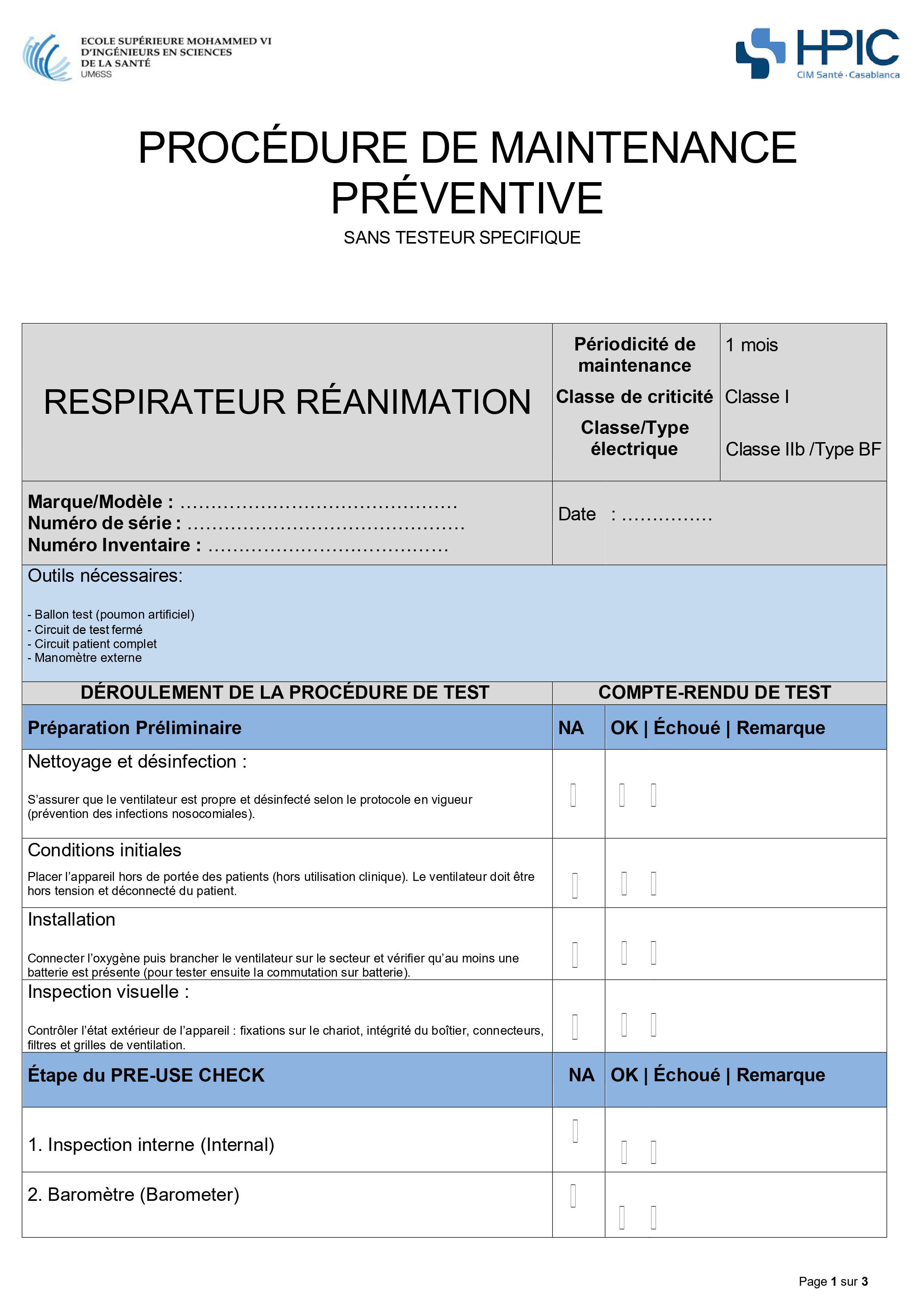Document PDF de procédure de maintenance préventive pour équipement biomédical