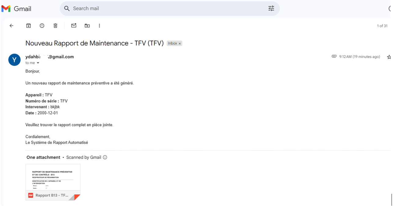 Exemple de notification par email avec le rapport de maintenance en pièce jointe